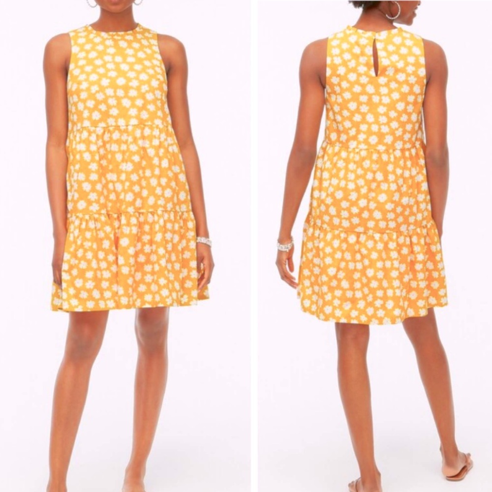 J Crew Women’s 14 Yellow & White Floral Tiered Sleeveless Lined Minj Dress